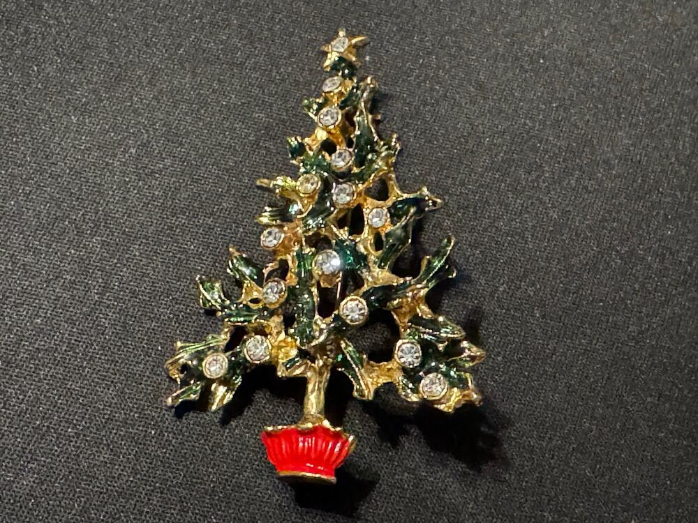 Gold Tone Christmas Tree Brooch, Green Enamel Holly Leaves